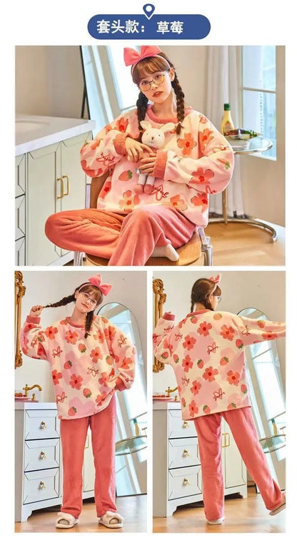 Winter Pajamas Set for Women Pullover Cute Soft Girl/kids flannel Pyjamas Set Warm Long-sleeved Trousers пижама женская комплект