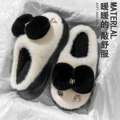 winter slippers women indoor/ outdoor fashion slides shoes with bowknot ladies chunky slippers