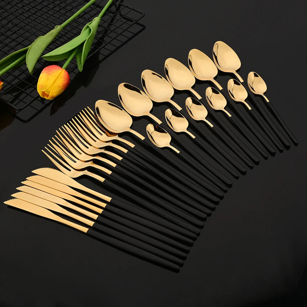 24Pcs Black Gold Cutlery Stainless Steel Dinnerware Set Spoon Fork Knife Western Cutleri Silverware Flatware Tableware Supplies