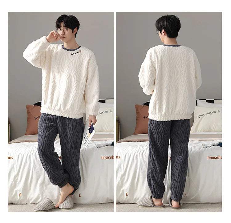 Couple Pajamas Winter Autumn Velvet Loose Thickened Warmer Home Clothing Wearable Suit Solid Color Simple Stripes Sleewear