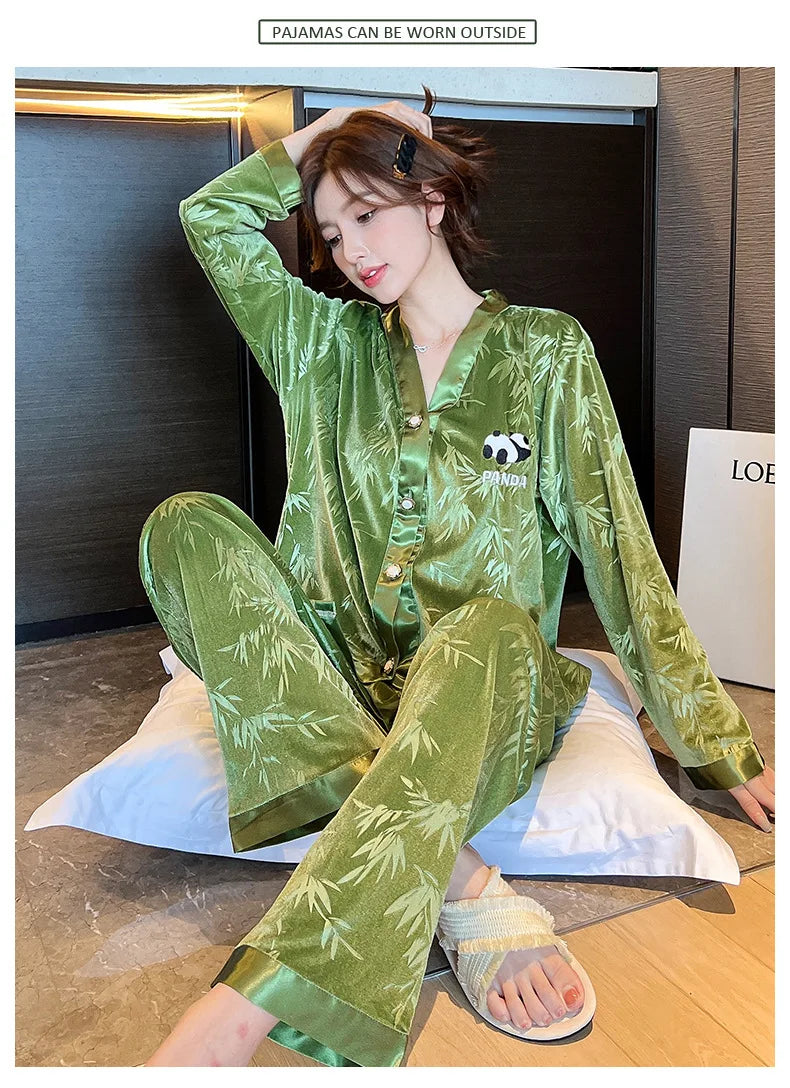 2023 New V Neck Nightwear Pyjama Femme Petite Women Pajamas Set Velvet Panda Bamboo Pattern Sleepwear Casual Homewear