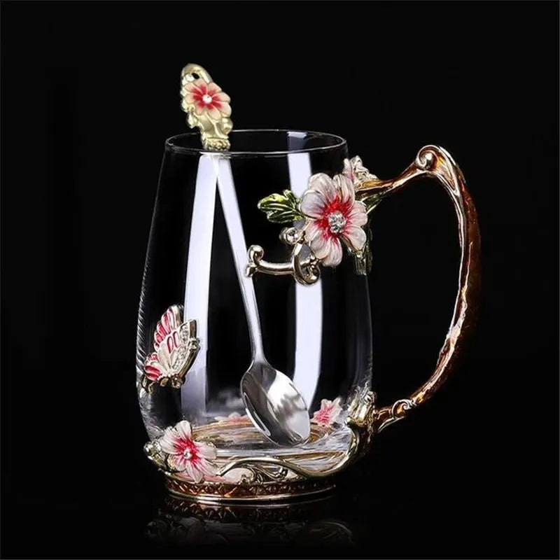 Hand-made Enamel Coffee Mug Crystal Cup Milk Lemon Flower Tea Cup High-grade Glass Drinkware Gift Couple Mug For Lover Wedding