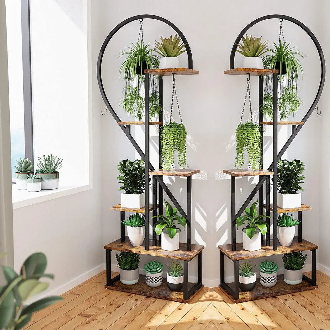 2X Plant Stand Half Heart Shaped Multiple Planter Rack Flower Display with Hooks 20 Pots Garden Ladder Planting Shelf