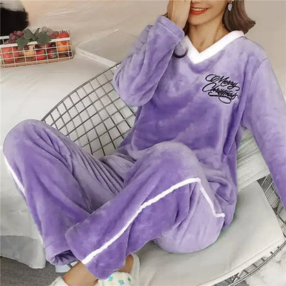 Autumn Winter Flannel Women Pajamas Sets Fashion Plaid Printed Teddy Sleepwear Velvet Homewear Kawaii Girsl Pijamas Mujer Pyjama