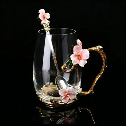 Hand-made Enamel Coffee Mug Crystal Cup Milk Lemon Flower Tea Cup High-grade Glass Drinkware Gift Couple Mug For Lover Wedding