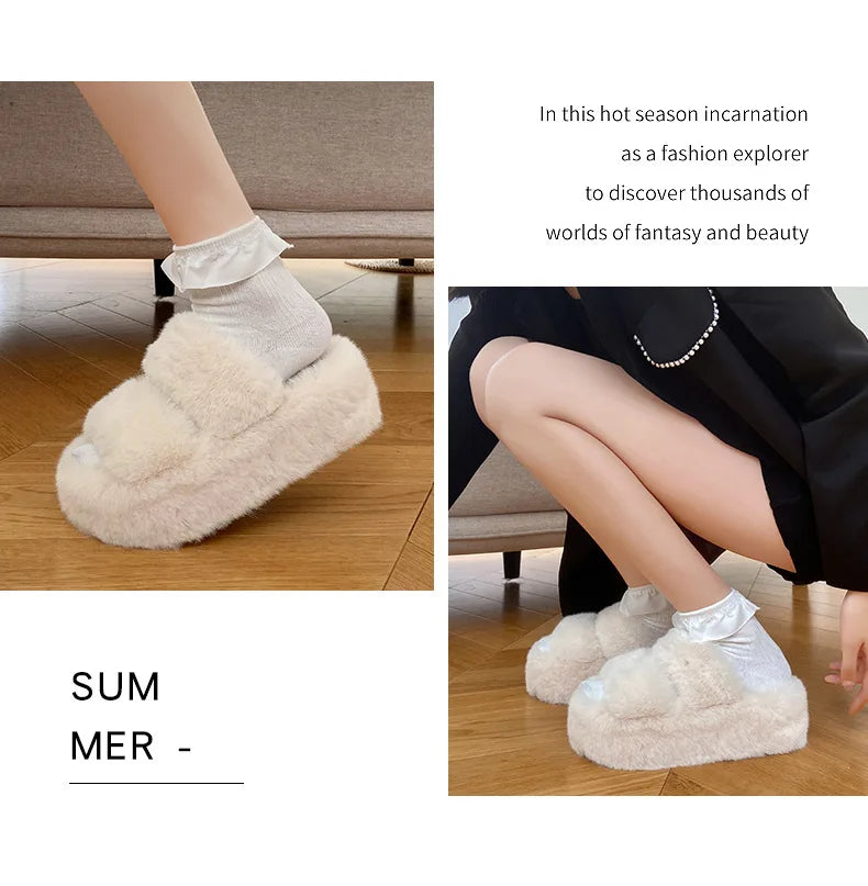 Summer Home Furry Fur Slides Plush Slippers Fluffy Flip Flops Luxury Slip on Platform Female 2024 Zapato De Mujer Designer