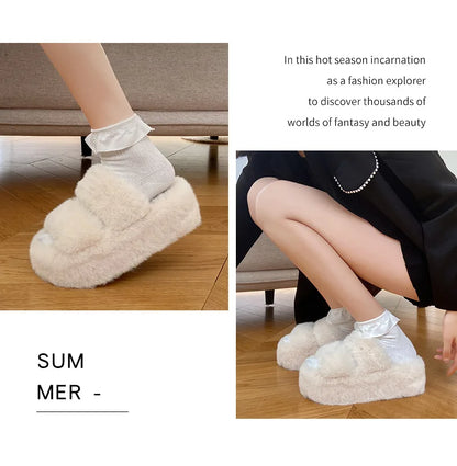 Summer Home Furry Fur Slides Plush Slippers Fluffy Flip Flops Luxury Slip on Platform Female 2024 Zapato De Mujer Designer