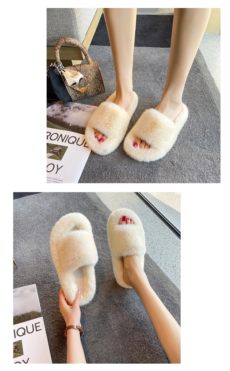 Fluffy Winter Warm Home Fur Furry Slippers Women Plush Shoes Indoor House Fuzzy Flip Flops Female Padded Fleece Living Bedroom