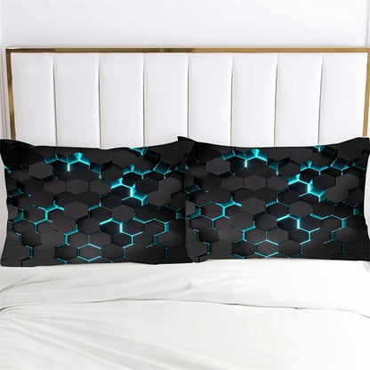 Blue 3D Hexagonal Honeycomb Geometry Print Fitted Sheet Set Column Mosaic Art Neon Mattress Covers Bedding Set With Deep Pocket