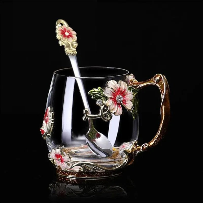 Hand-made Enamel Coffee Mug Crystal Cup Milk Lemon Flower Tea Cup High-grade Glass Drinkware Gift Couple Mug For Lover Wedding