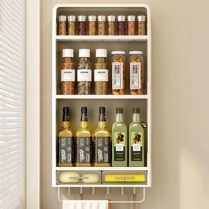 Wall Mounted Kitchen Storage Rack With Drawer Large Capacity Food Spice Oil Seasoner Jars Organizer Box Home Hanging Holder