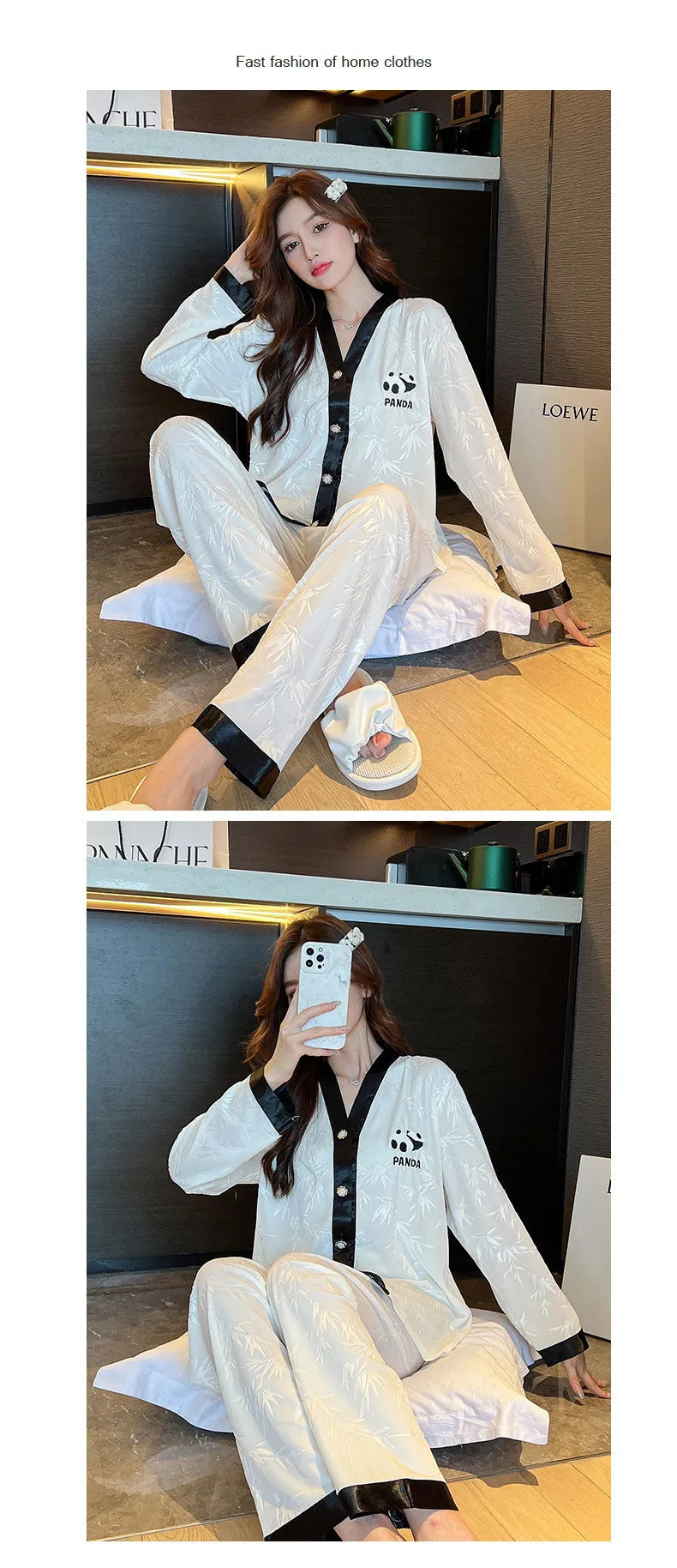 2023 New V Neck Nightwear Pyjama Femme Petite Women Pajamas Set Velvet Panda Bamboo Pattern Sleepwear Casual Homewear