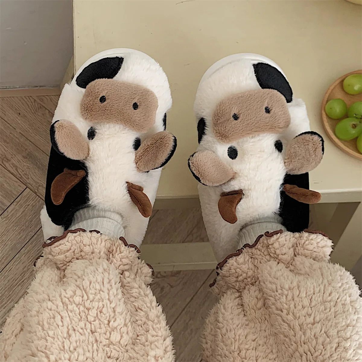 LItfun Fashion Winter Cotton Slippers Women Plush Lining House Slippers Lovely Milk Cow Women Slippers Fluffy Fuzzy Women Slides