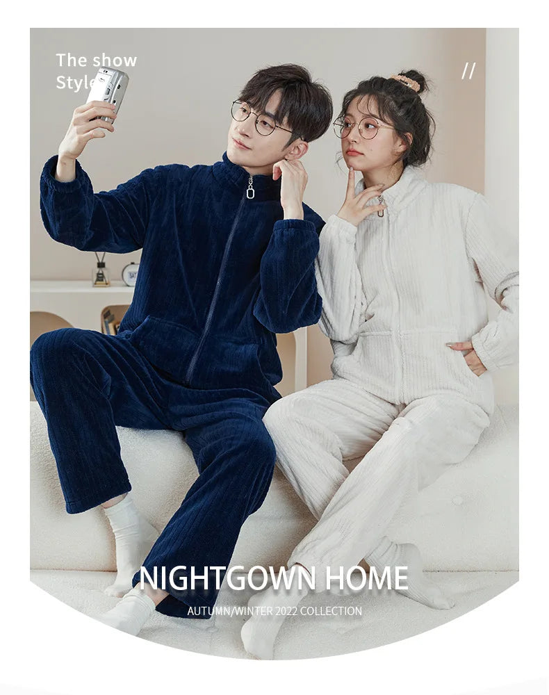 Couple Pajamas Set Autumn Winter Flannel Long Sleeve Zipper Long Plush Sleepwear Suit Men Nightcloth Thick Velvet Thermal Women