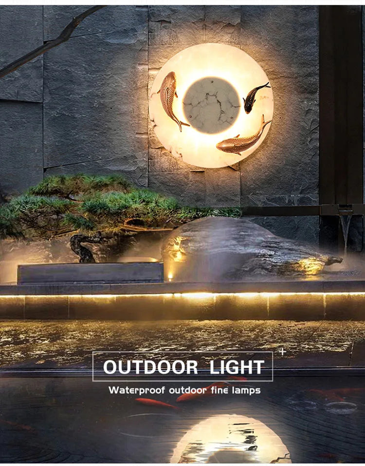 Modern Imitated Marble LED Wall Light Round Artificial Fish AC85~265V Chinese Style Porch Lamp For Garden Courtyard Path Adorn