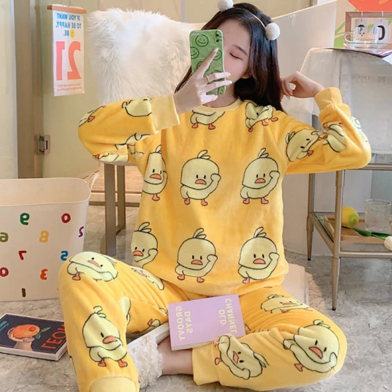 Winter Pajamas Set for Women Pullover Cute Soft Girl/kids flannel Pyjamas Set Warm Long-sleeved Trousers пижама женская комплект