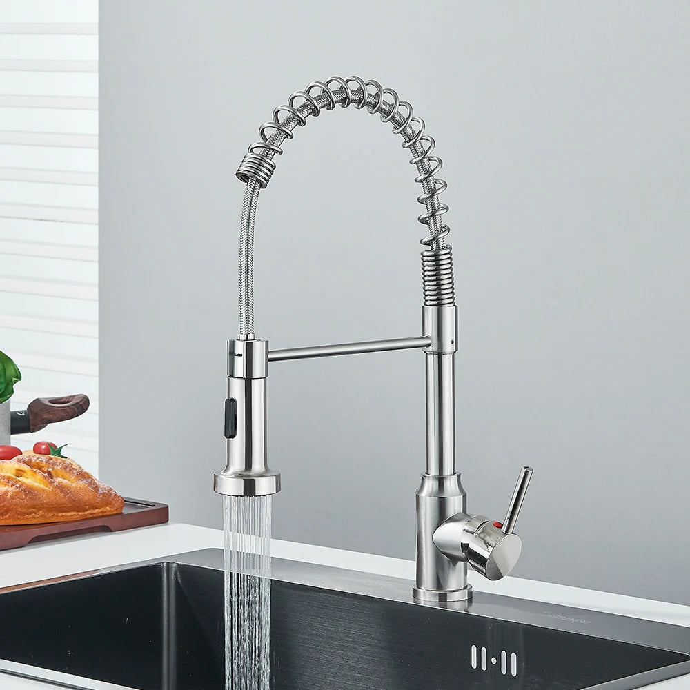 Matte Black Kitchen Sink Faucet One Handle Spring Hot and Cold Water Tap Deck Mounted Bathroom Chrome Kitchen Crane