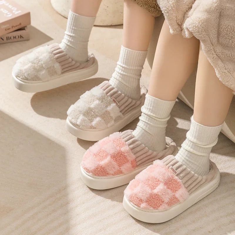 Autum Winter Plush Warm Women Cotton Slippers Casual Indoor Home Toe Wrap Cartoon Slides Men Anti Slip Thick Platform Soft Shoes