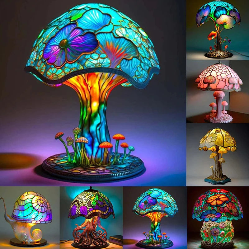 Creative Stained Glass Plant Series Table Lamps Vintage Resin Colorful Mushroom Night Lamp Bedroom Bedside Ornament Home Decor