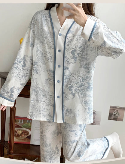 Autumn Spring New Blue Jungle Print Elegant Woman Pajamas Set Fashion Kimono Cardigan Sleepwear Faux Cotton Long Sleeves Pijamas