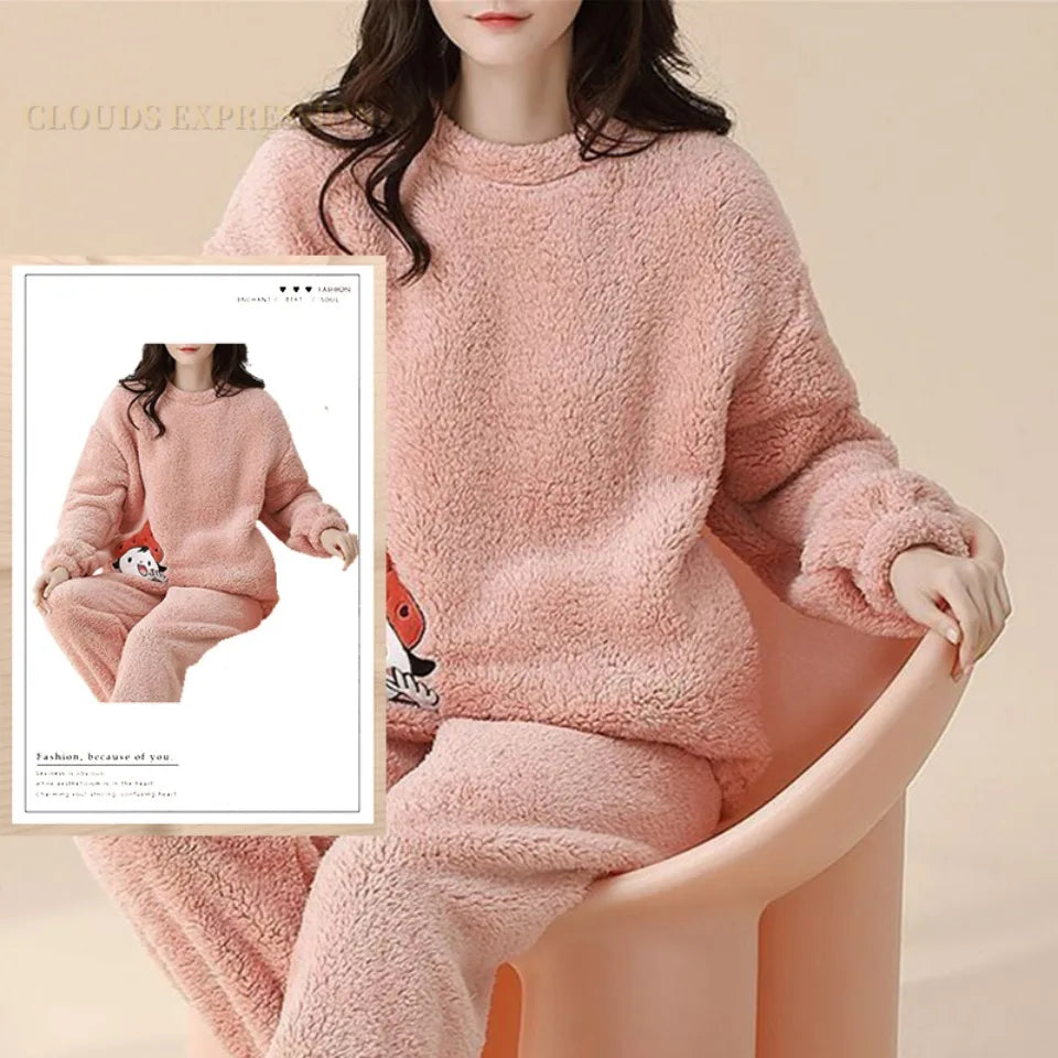 Autumn Winter Flannel Women Pajamas Sets Fashion Plaid Printed Teddy Sleepwear Velvet Homewear Kawaii Girsl Pijamas Mujer Pyjama