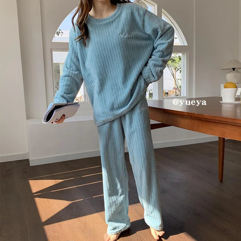 Kawaii Women Pyjamas Sets  Autumn Winter Warm Flannel Thick Homewear Long Sleeve Cartoon Sleepwear Female Pajamas Suit 2 Piece