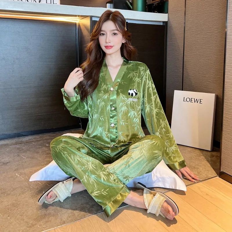 2023 New V Neck Nightwear Pyjama Femme Petite Women Pajamas Set Velvet Panda Bamboo Pattern Sleepwear Casual Homewear