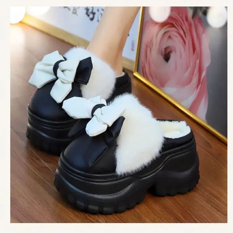 winter slippers women indoor/ outdoor fashion slides shoes with bowknot ladies chunky slippers