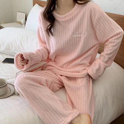 Kawaii Women Pyjamas Sets  Autumn Winter Warm Flannel Thick Homewear Long Sleeve Cartoon Sleepwear Female Pajamas Suit 2 Piece