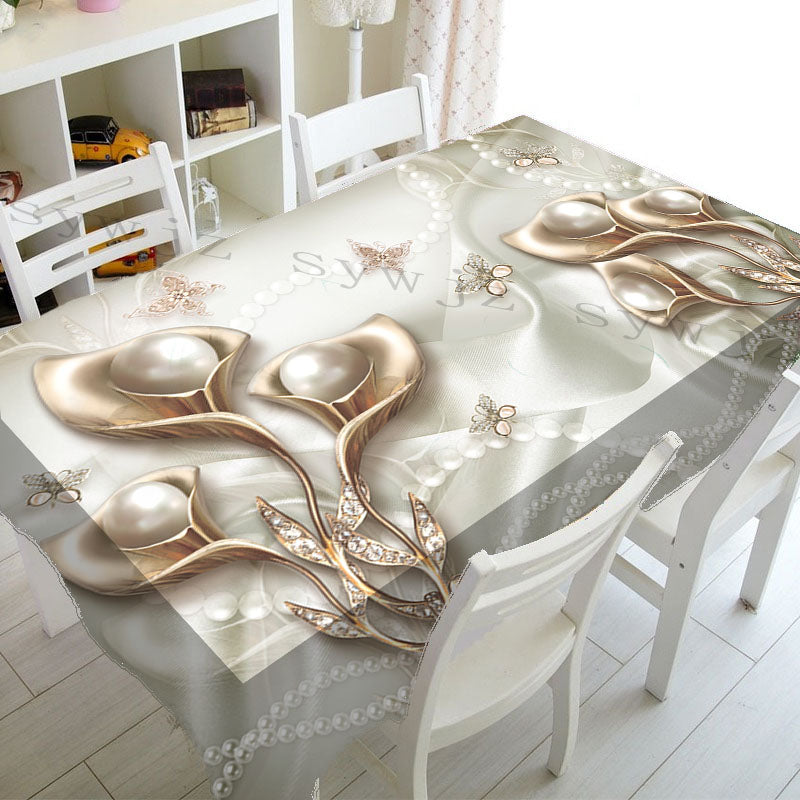 Luxury Pearl and Flower Butterfly 3d Printing Dining Room Tablecloth Dustproof Rectangular Home Kitchen Accessories Tablecloth