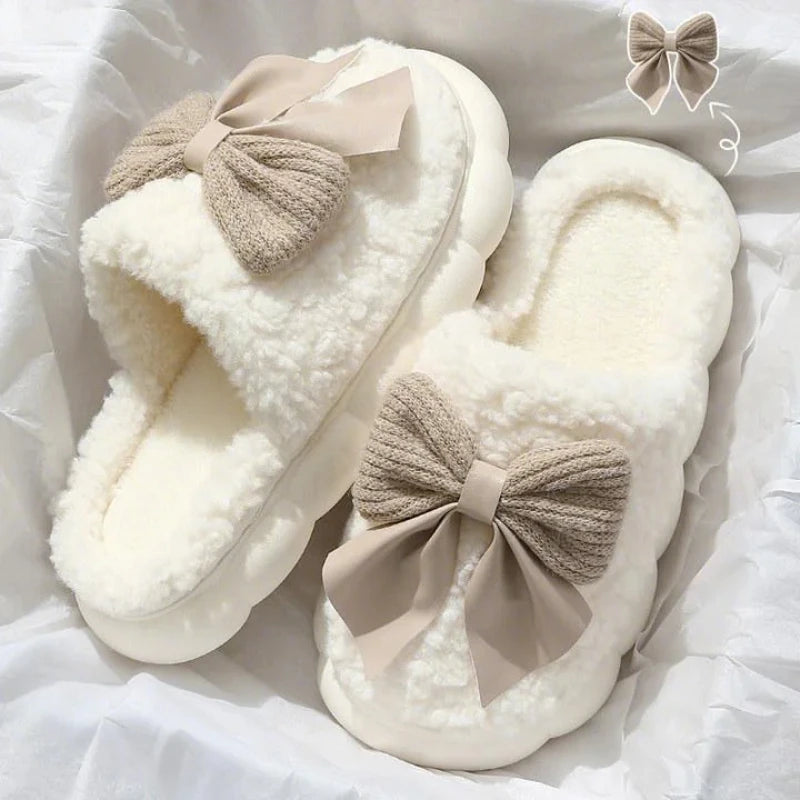 Cotton Bowknot Slippers Ladies Winter indoor Home Warm Fluffy Shoes Comfortable Slippers 3.5CM Thick Sole Antislip