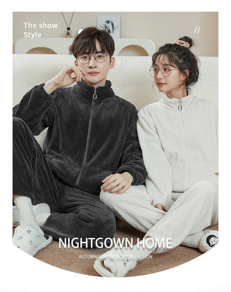 Couple Pajamas Set Autumn Winter Flannel Long Sleeve Zipper Long Plush Sleepwear Suit Men Nightcloth Thick Velvet Thermal Women