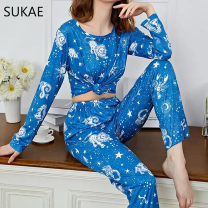 SUKAE Koala King Cartoon Nightwear Autumn Winter Pjs New Thin Women Pajamas Set Round Neck Long Sleeves Pijamas Casual Sleepwear