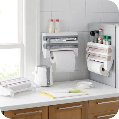 Wall-Mount Paper Towel Holder Sauce Bottle Rack 4In1 Cling Film Cutting Holder Mutifunction Kitchen Organizer Kitchen Accessorie