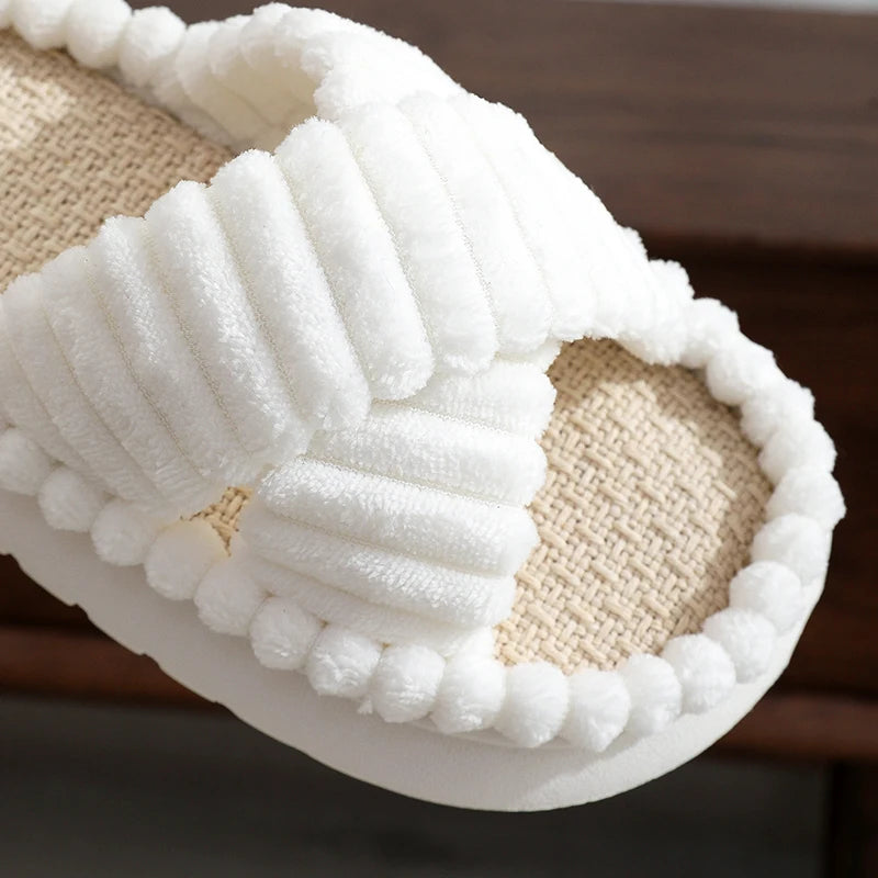 2024 Autumn Winter New Women Home Slippers Open-Toe Cross Band Linen Soled Indoor Slides Linen Soled Non-Slip Bathroom Slippers