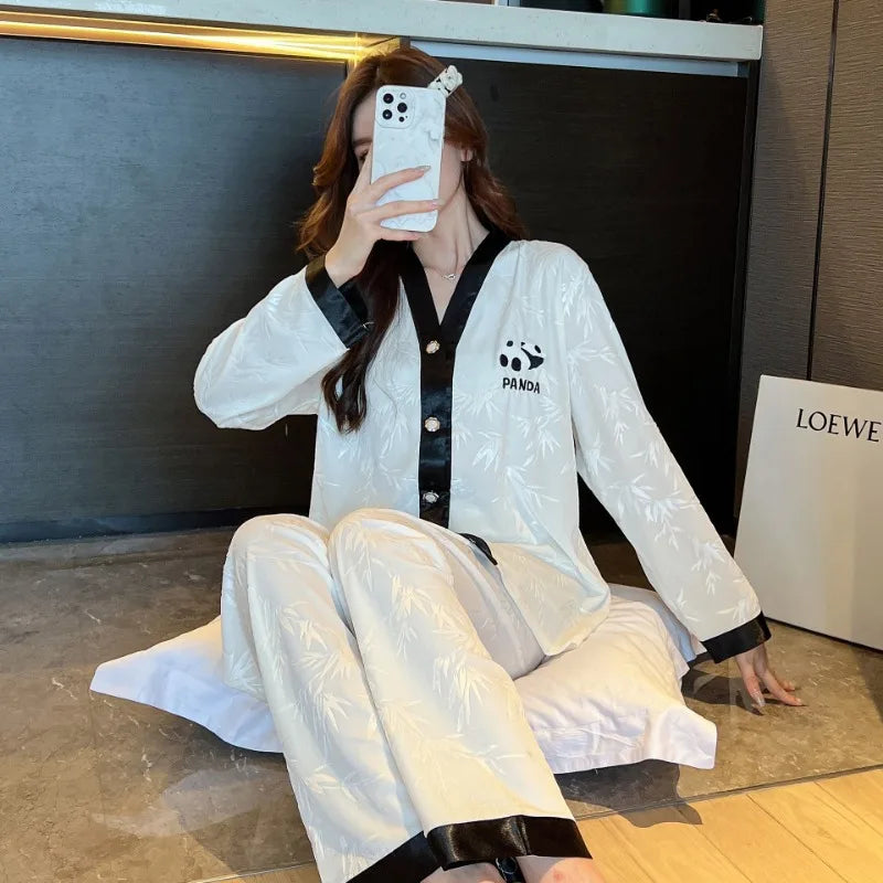 2023 New V Neck Nightwear Pyjama Femme Petite Women Pajamas Set Velvet Panda Bamboo Pattern Sleepwear Casual Homewear