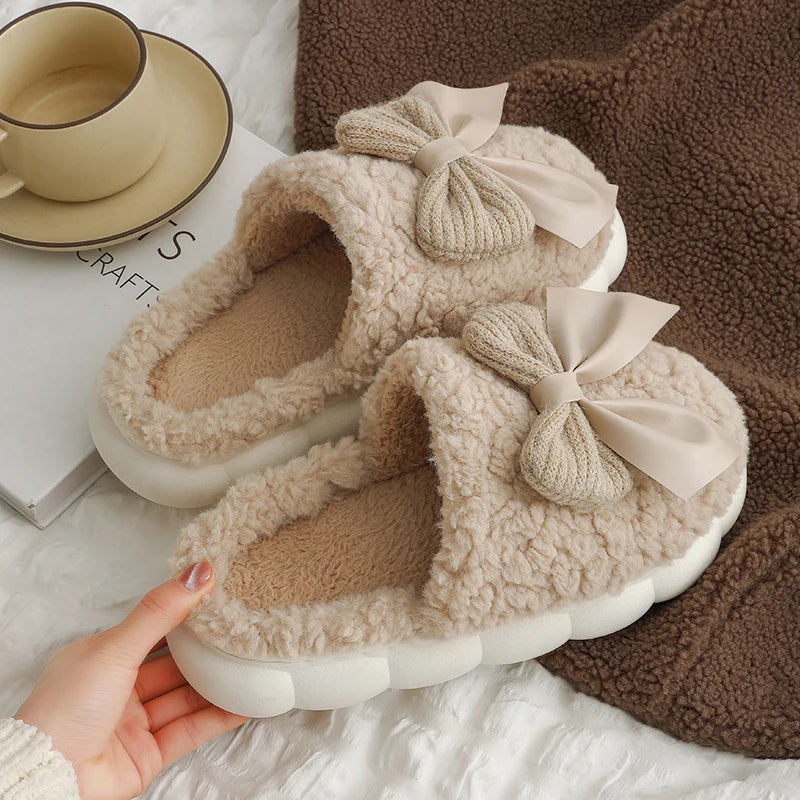 Big Bow Cute Plush Slippers QYCKABY 2024 New Winter Women Funny Elegant Fur Cotton Slippers Casual Warmth Indoor Floor Home Shoe