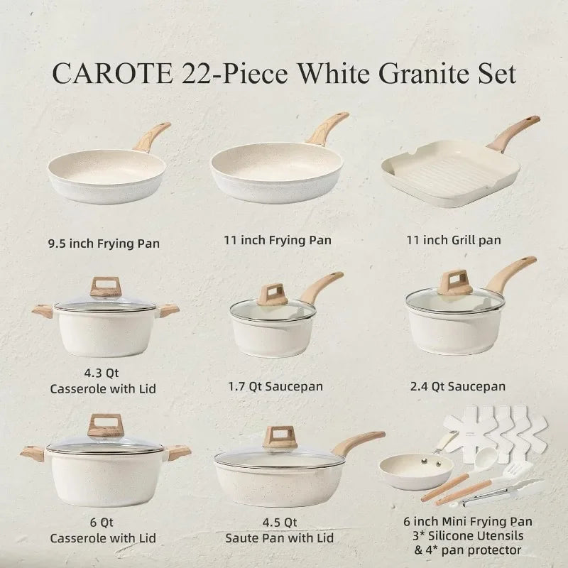 CAROTE 21Pcs Pots and Pans Set, Nonstick Cookware Sets, White Granite Induction Cookware Non Stick Cooking Set w/Frying Pans