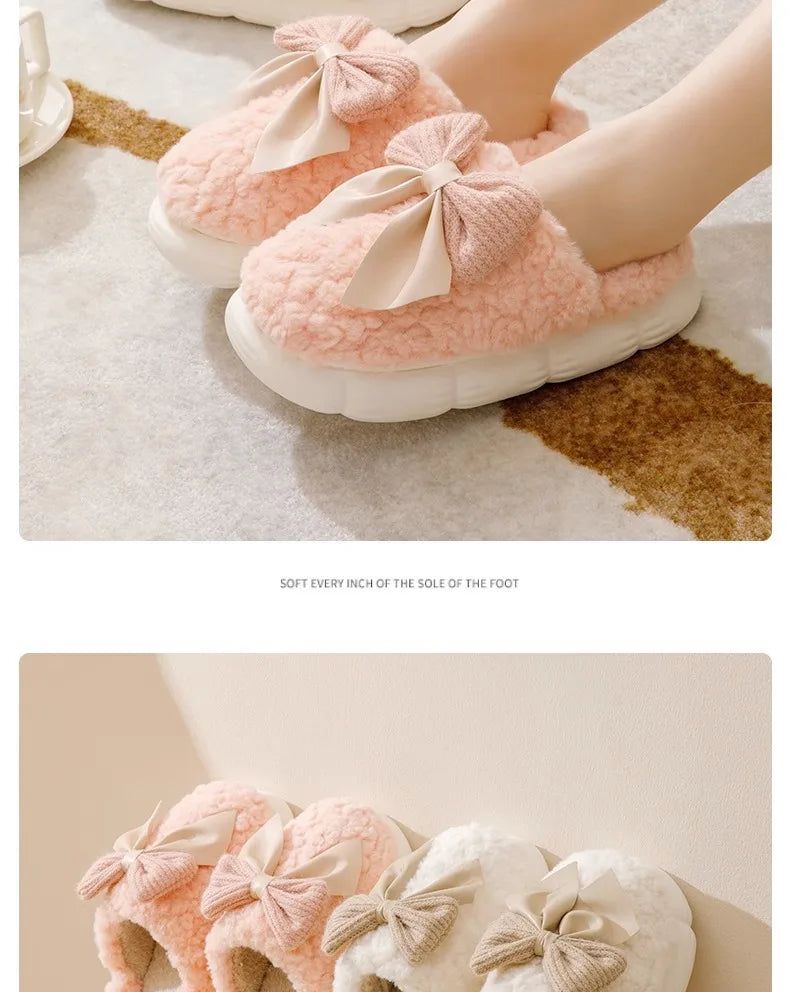 Cotton Bowknot Slippers Ladies Winter indoor Home Warm Fluffy Shoes Comfortable Slippers 3.5CM Thick Sole Antislip