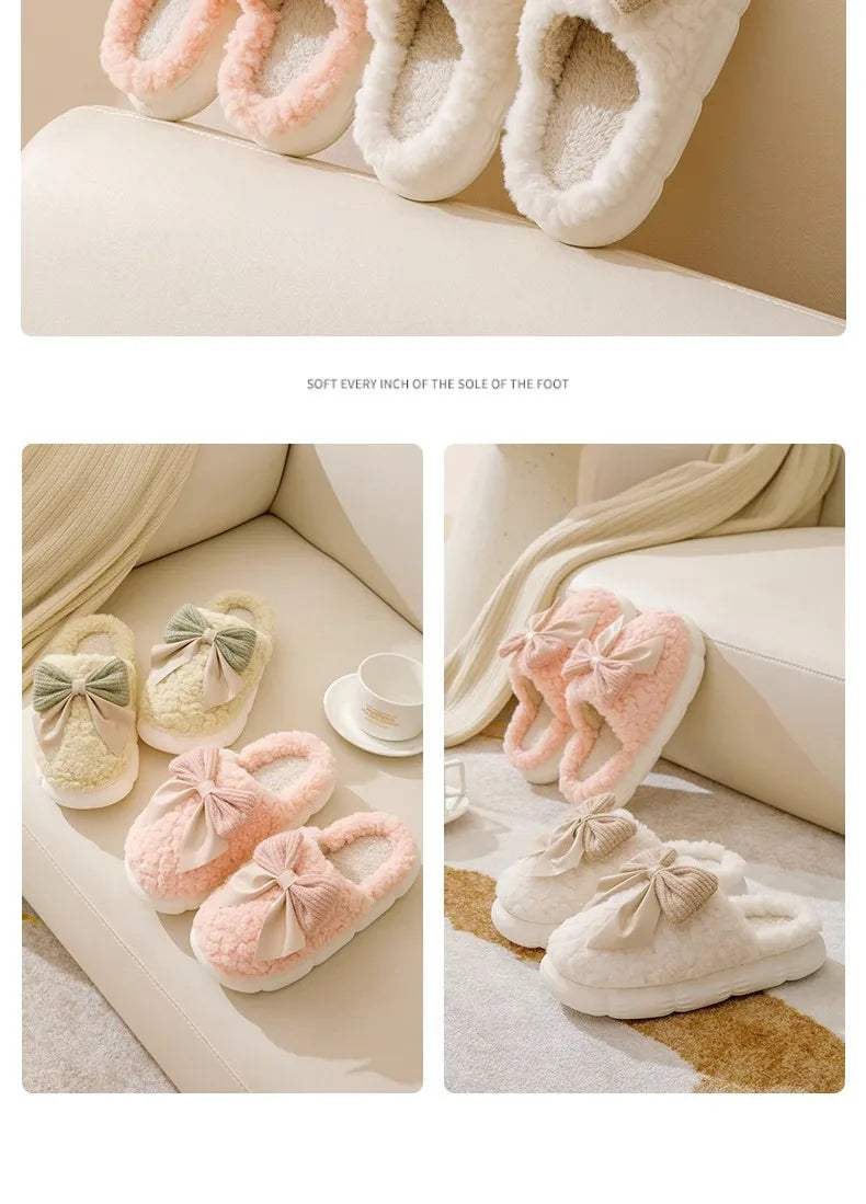 Cotton Bowknot Slippers Ladies Winter indoor Home Warm Fluffy Shoes Comfortable Slippers 3.5CM Thick Sole Antislip