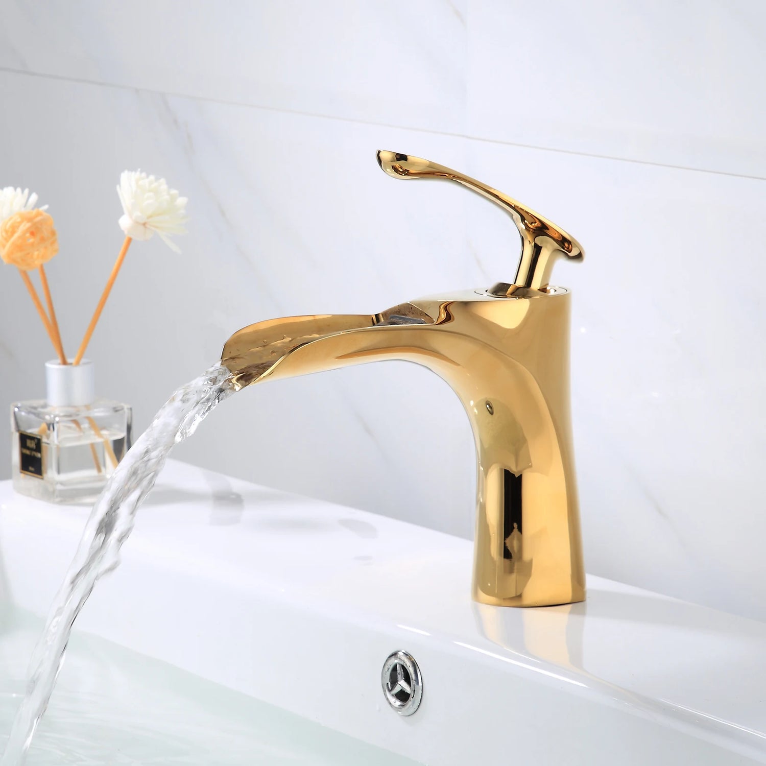 Bathroom Faucet Waterfall 1 Hole Single Handle Mixer Tap Modern Lavatory Vanity Commercial Basin Sink Deck Mount