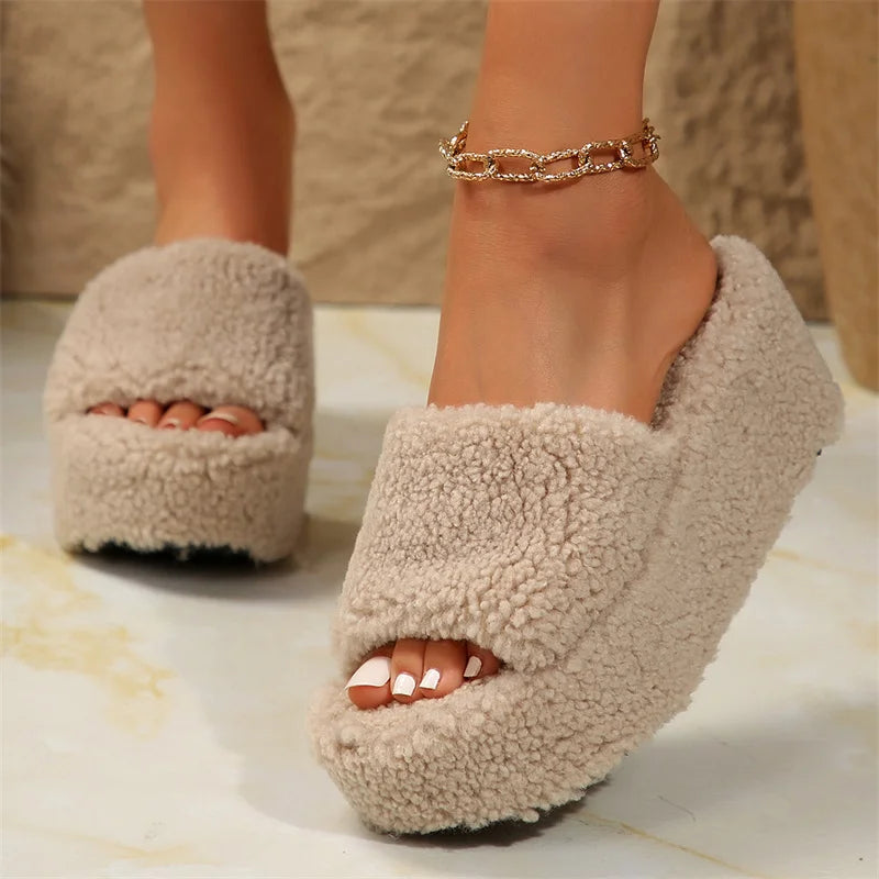 Autumn Winter Wedge Fluffy Slippers Woman 2024 New Home Fur Slippers for Women Chunky Platform Slides Cozy Fuzzy Indoor Shoes