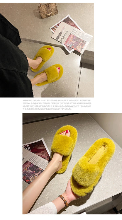 Fluffy Winter Warm Home Fur Furry Slippers Women Plush Shoes Indoor House Fuzzy Flip Flops Female Padded Fleece Living Bedroom