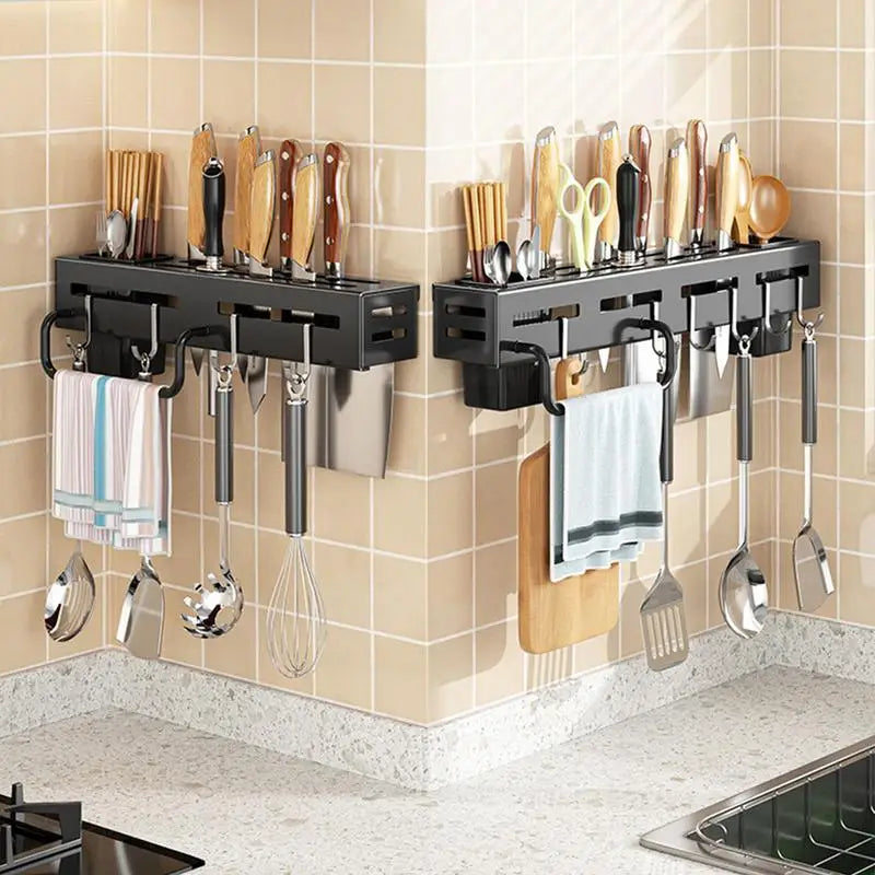 Kitchen Storage Rack Stainless Steel Wall Knives Holder Multifunctional No Punch With Hooks Knives Rack For Storing Chopsticks