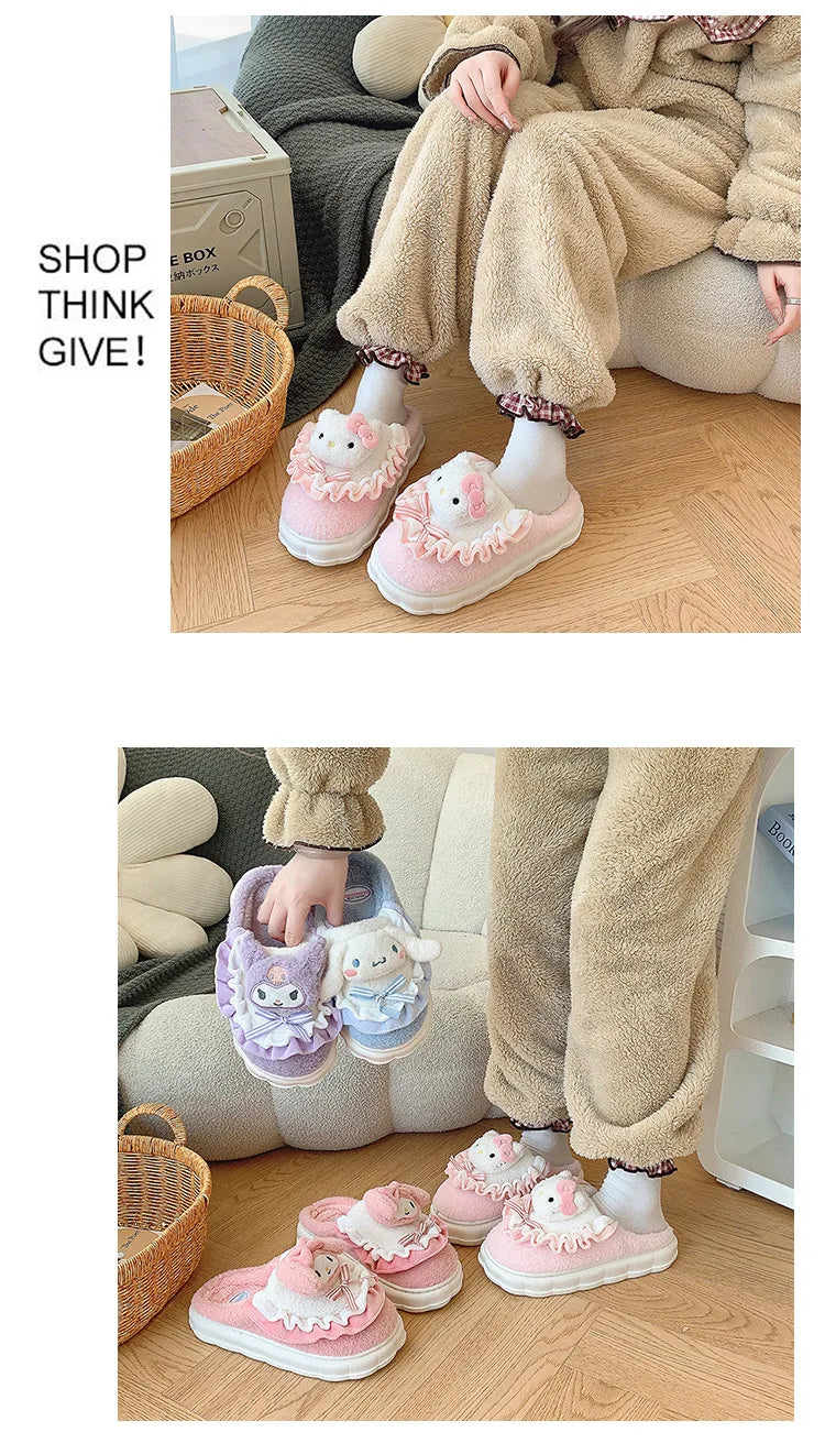 Sanrio Cotton Slippers Hello Kitty Cute Student Autumn Winter Bedroom Home Casual Soft Padded Plush Bedroom Aldult Shoes Girls