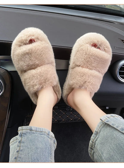 Summer Home Furry Fur Slides Plush Slippers Fluffy Flip Flops Luxury Slip on Platform Female 2024 Zapato De Mujer Designer