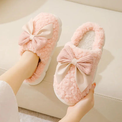 Cotton Bowknot Slippers Ladies Winter indoor Home Warm Fluffy Shoes Comfortable Slippers 3.5CM Thick Sole Antislip