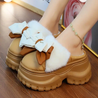 winter slippers women indoor/ outdoor fashion slides shoes with bowknot ladies chunky slippers