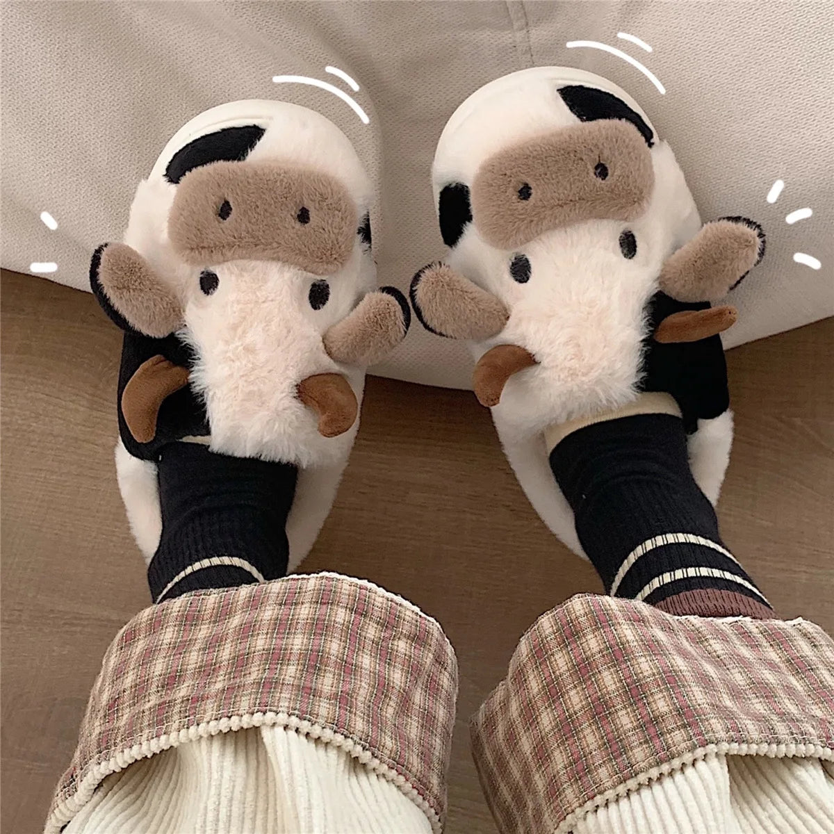 LItfun Fashion Winter Cotton Slippers Women Plush Lining House Slippers Lovely Milk Cow Women Slippers Fluffy Fuzzy Women Slides