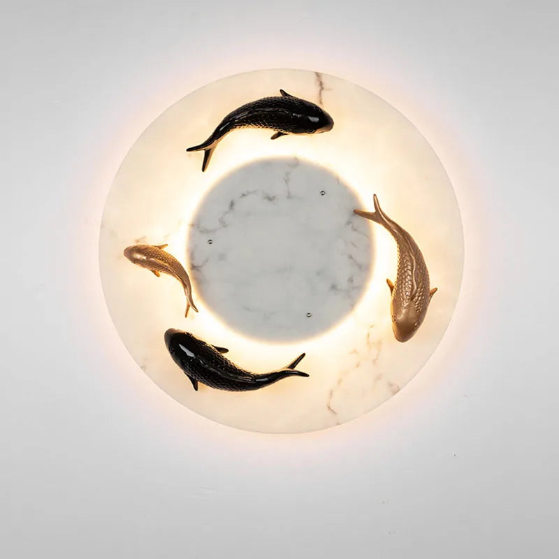 Modern Imitated Marble LED Wall Light Round Artificial Fish AC85~265V Chinese Style Porch Lamp For Garden Courtyard Path Adorn